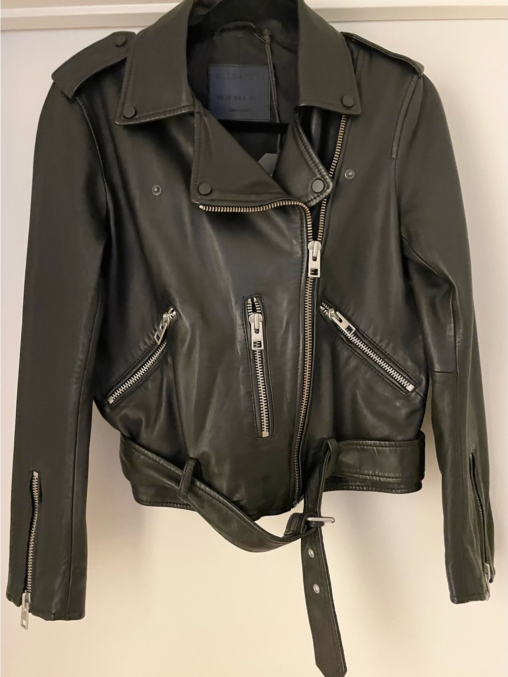 AllSaints Black Leather Moto Jacket with Belt